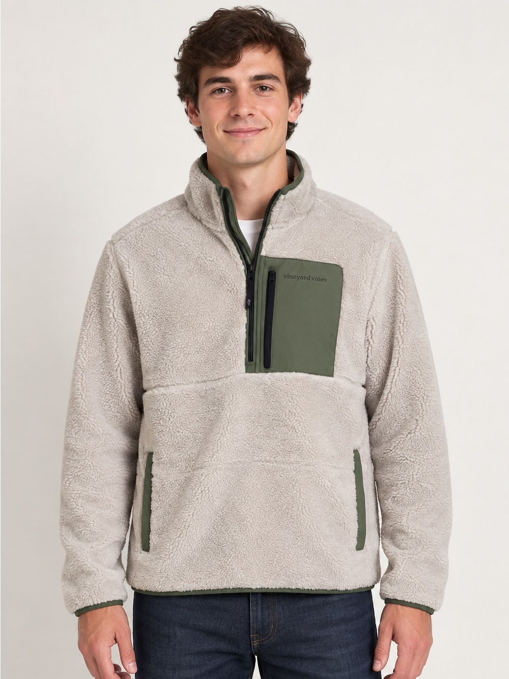 Vineyard Vines Cream Sherpa Pullover with Olive Trim